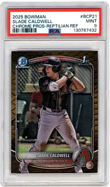 slade caldwell 2025 bowman chrome prospects reptilian refractor bcp 21 psa